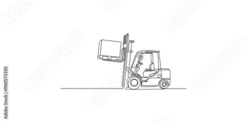 Continuous line drawing depicts a forklift truck lifting a pallet or load high quality professional detailed modern