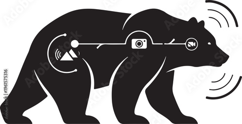 Black bear with camera and microphone technology illustration
