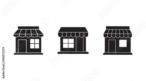 Set of three black and white storefront icons with awnings and windows and doors  simple black line and shape illustrations of small retail buildings