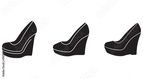 Set of three black high heel shoes with white outlines for fashion and style illustrations  various angles
