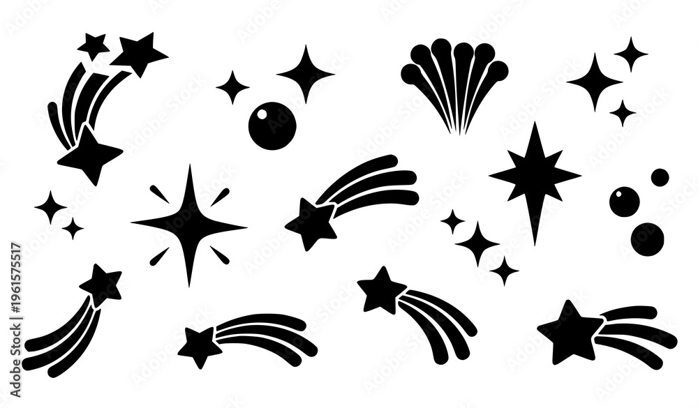 Fototapeta premium Bold sparkle and star silhouette vector set with twinkle shapes and shooting star elements for modern decorative design isolated on white