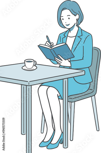 カフェでノートにメモを取る女性（勉強・仕事・自己啓発・リラックス）