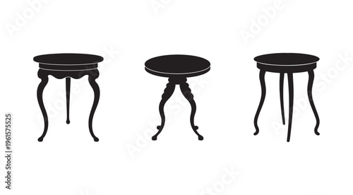 Set of three black silhouettes of antique coffee tables with curved legs  furniture icons  home decor elements