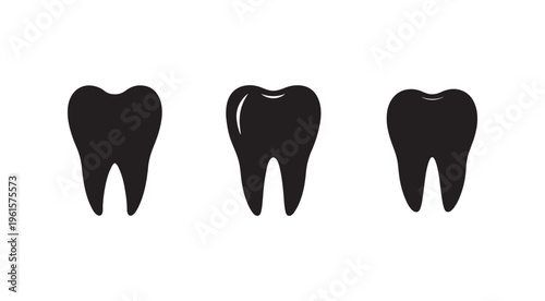 Set of three black teeth icons on white background for dental health and hygiene concepts  various tooth shapes and sizes