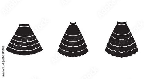Set of three different black skirts with white details  fashion design elements  clothing icons