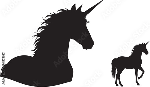 Silhouette of two unicorns in black and white background