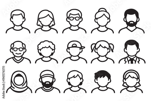 People Avatar Line Editable Icons set. A sleek vector illustration in modern thin line style showcasing diverse portraits by age, gender, and nationality. A solid linear icon ...