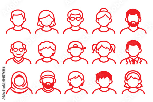 People Avatar Line Editable Icons set. A sleek vector illustration in modern thin line style showcasing diverse portraits by age, gender, and nationality. A solid linear icon ...