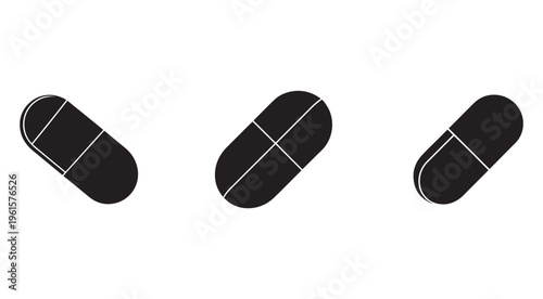 Three black and white illustrations of capsules or pills in different orientations on white background  medical or pharmaceutical symbols