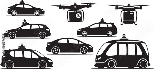 Silhouettes of cars and drones with camera equipment attached