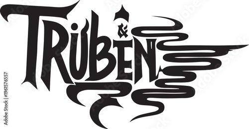 Black and white logo with stylized text and swirls design