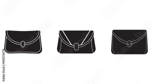 Three black and white illustrations of womens purses with different shapes and straps and buckles  isolated on white background