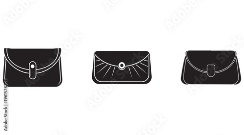 Three black and white purse designs with different styles and clasps on white background  handbag silhouettes for fashion and accessory illustrations