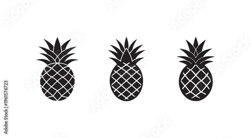 Three black and white pineapple icons in different orientations on a white background for food illustration or design