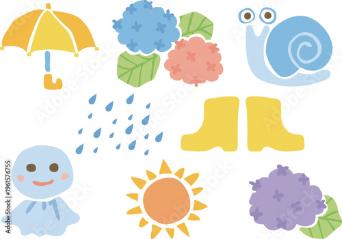 6月の季節のイラスト　梅雨や雨の日のイメージセット