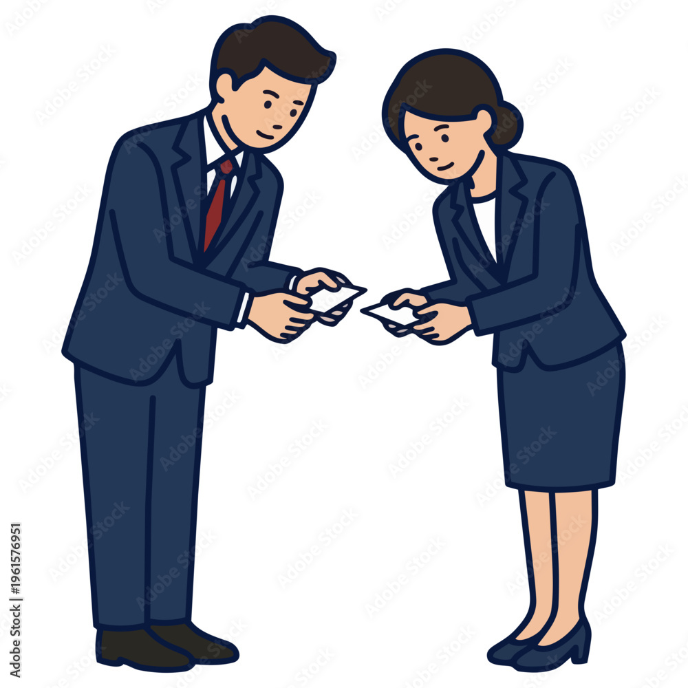 Fototapeta premium 紺色のスーツを着た男女の会社員が丁寧にお辞儀をして名刺交換をするビジネスシーンのイラスト
