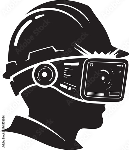 Worker wearing virtual reality goggles and hard hat