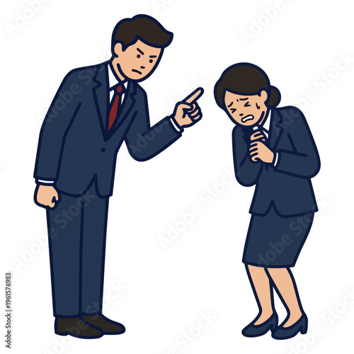 Angry male boss pointing finger and scolding a depressed businesswoman in a suit for power harassment concept