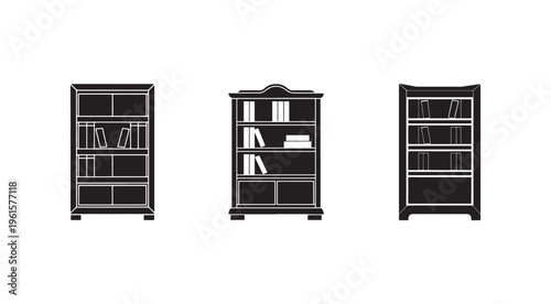 Three black bookcases with books on shelves and cabinets at the bottom  furniture for home library or office storage