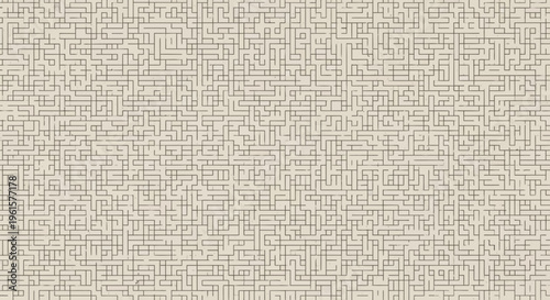 A complex, intricate maze pattern composed of fine lines on a neutral, textured background, suggesting a challenging puzzle or a labyrinthine path