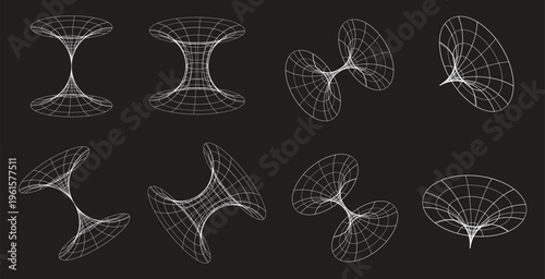 3d wireframe set, abstract geometric shapes, futuristic grid mesh, parametric design elements, strange wireframe collection, distorted 3d forms, minimalist tech graphics, organic mesh structures
