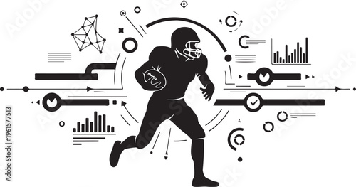 American Football Player Running with Ball in Black Silhouette Style