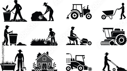 Silhouette icons of gardening, landscaping, and farming activities with people, tools, tractors, wheelbarrows, lawnmowers, harvesters, and equipment