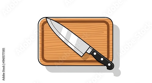 Kitchen knife on wooden cutting board.