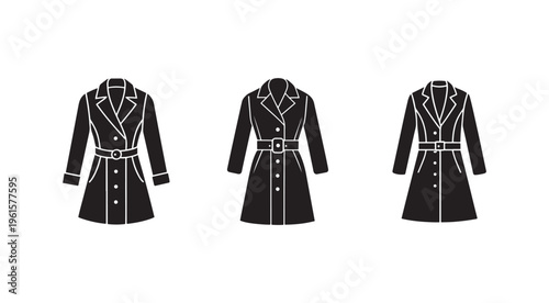 Three black coats with white outlines and belts around the waist on a white background  coats have buttons and collars