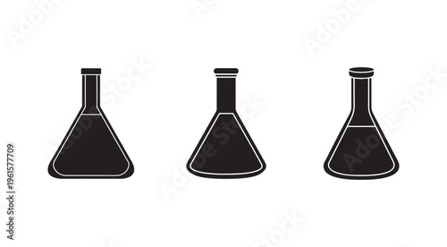 Three black conical laboratory flasks with narrow necks and white outlines on a white background for chemistry and science designs  simple icons