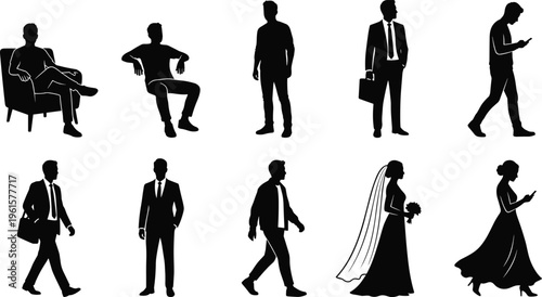 People silhouette set, men and women in business and casual poses including walking sitting and wedding characters isolated on white