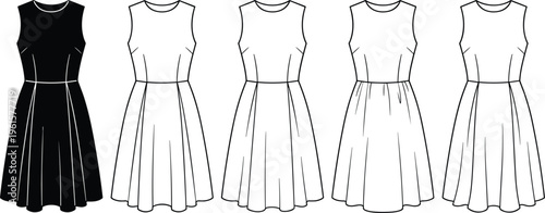 Sleeveless dress vector set with outline and solid styles, elegant women fashion clothing template, front view apparel design illustration collection