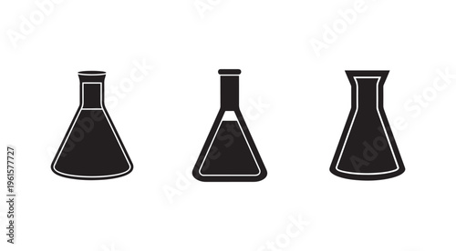 Three black conical laboratory flasks with white outlines on white background  science equipment icons