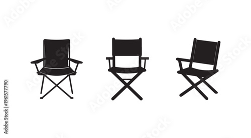Three black director chairs in different angles for film and television production isolated on white background