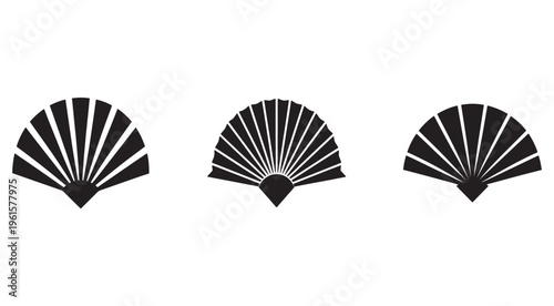 Three black hand fans with different designs isolated on white background for cooling and decoration purposes in various settings