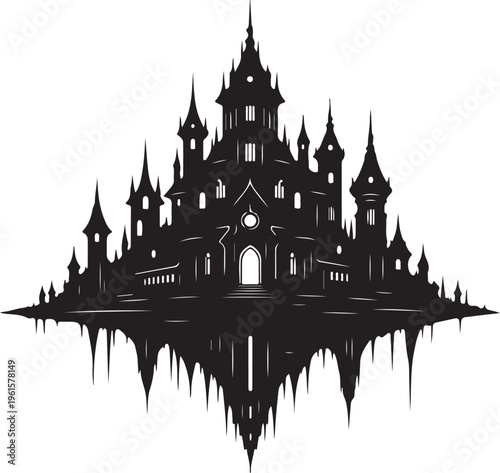 Black Silhouette Castle with Reflection