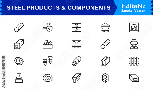 Premium Steel Products and Components Line Icon Collection Featuring Clean Minimal Line Art and Professional Editable Icons for Engineering and Fabrication
