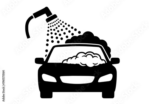 Black silhouette vector graphic icon depicting a modern automobile undergoing a thorough soap and water cleaning process at a professional vehicle washing station service.