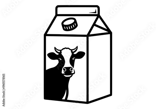 Fresh milk carton graphic vector illustration featuring a friendly dairy cow head peeking from the side of the packaging. Healthy organic farm product food and beverage design.