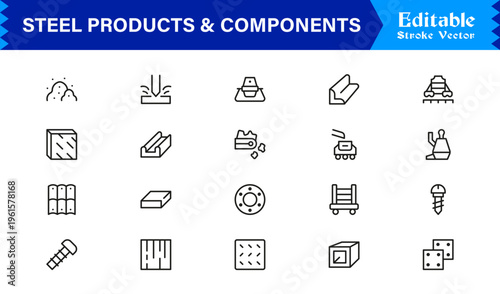 Premium Steel Products and Components Line Icon Collection Featuring Clean Minimal Line Art and Professional Editable Icons for Engineering and Fabrication