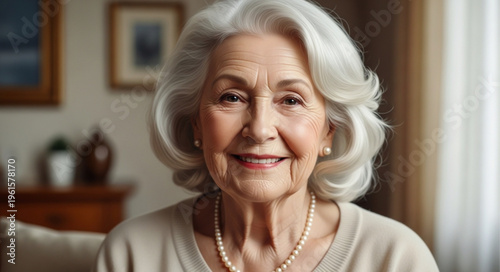 Smiling senior woman with glasses.