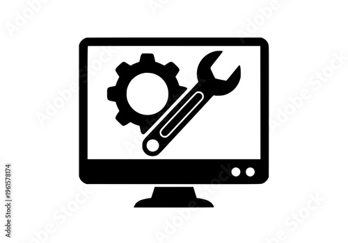 Black and White Vector Graphic Illustration Representing Computer Hardware Setup System Settings Maintenance Repair Diagnostics and Technical Support Services