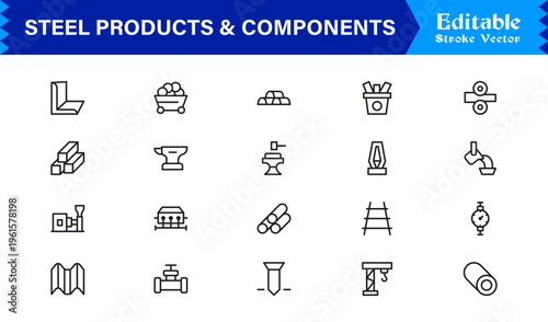 Premium Steel Products and Components Line Icon Collection Featuring Clean Minimal Line Art and Professional Editable Icons for Engineering and Fabrication