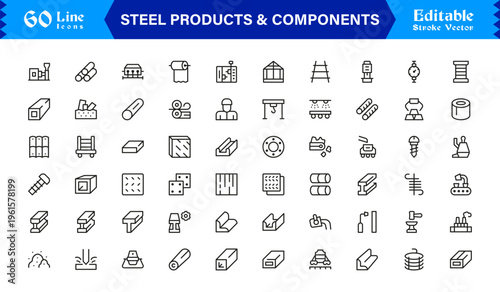 Premium Steel Products and Components Line Icon Collection Featuring Clean Minimal Line Art and Professional Editable Icons for Engineering and Fabrication