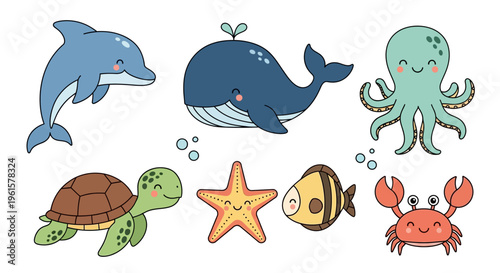Cartoon sea creatures swim together underwater scene with dolphin whale octopus