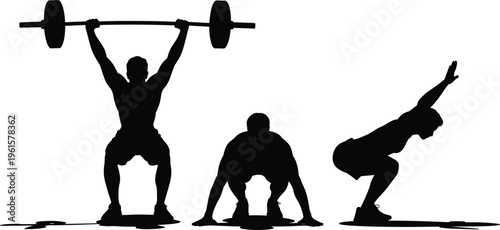 Silhouette illustration of weightlifting exercise with barbell showing snatch positions, strength training concept, fitness workout, sport activity and gym