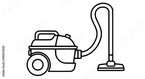 Simple black and white line art vector graphic illustration depicting a wheeled canister vacuum cleaner with hose and upright floor nozzle design element.