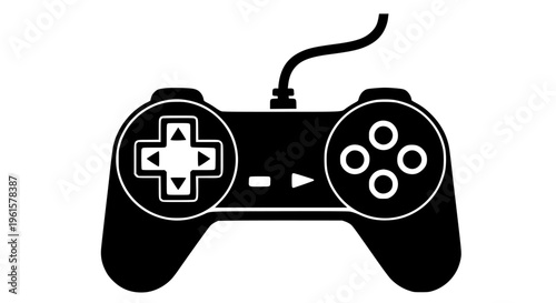 Simple black and white vector graphic illustration of a classic wired video game controller icon designed for digital media and interface elements.