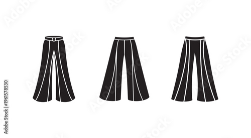 Three black pants with white stripes side view  different styles and designs on white background