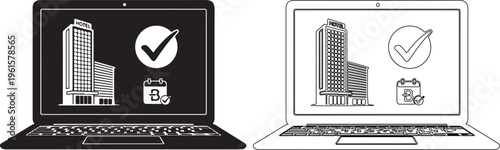 Laptop displays confirmed hotel booking icons for travel planning